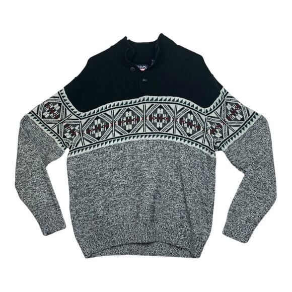 Chaps mens XL knit sweater blue gray pullover button grandpa aztec print - Picture 1 of 9